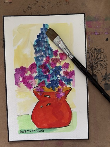 Flowers Bright Red Contemporary Blue Original Art Painting - photo 3