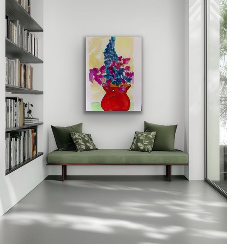 Flowers Bright Red Contemporary Blue Original Art Painting - photo 4