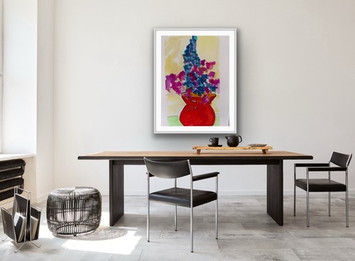 Flowers Bright Red Contemporary Blue Original Art Painting - photo 5
