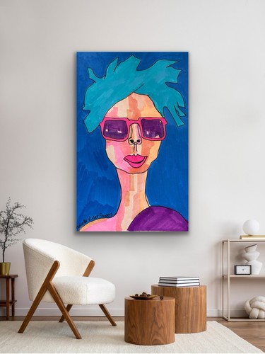 Woman Sunglasses Contemporary Blue Original Art Painting - photo 2