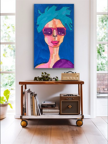 Woman Sunglasses Contemporary Blue Original Art Painting - photo 3
