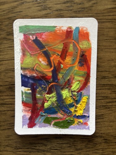 ACEO Abstract Green Orange Red Blue Oil Pastels Original Art - photo 2