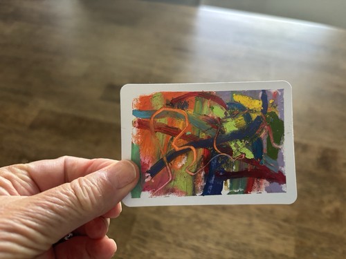ACEO Abstract Green Orange Red Blue Oil Pastels Original Art - photo 3
