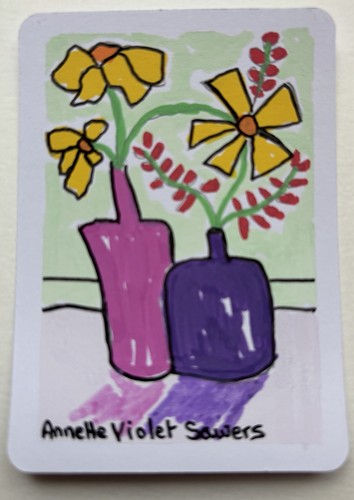 ACEO Acrylic PAINT Floral Still Life Blue Vase Mini Art 2.5”x3.5
