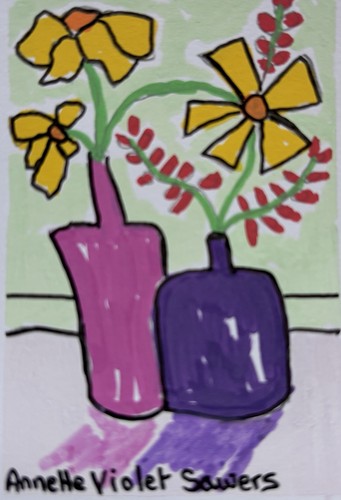 ACEO Acrylic PAINT Floral Still Life Blue Vase Mini Art 2.5”x3.5 - photo 2