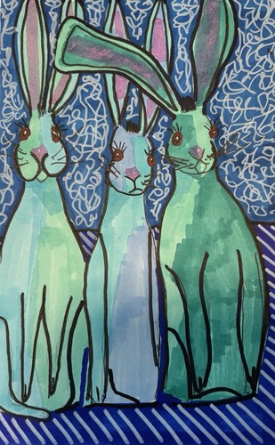 Rabbits Hares Animal Bunny Blue Original Art Painting