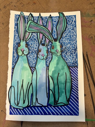 Rabbits Hares Animal Bunny Blue Original Art Painting - photo 2