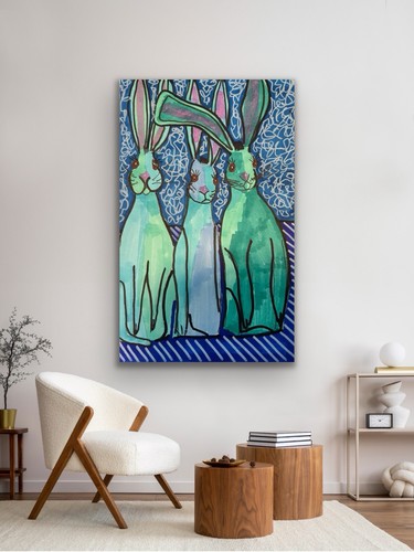 Rabbits Hares Animal Bunny Blue Original Art Painting - photo 3