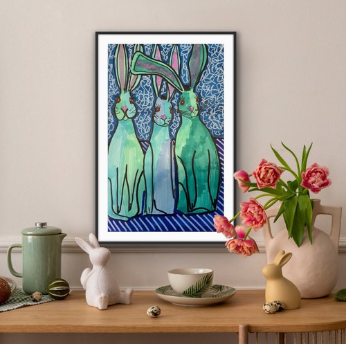 Rabbits Hares Animal Bunny Blue Original Art Painting - photo 4