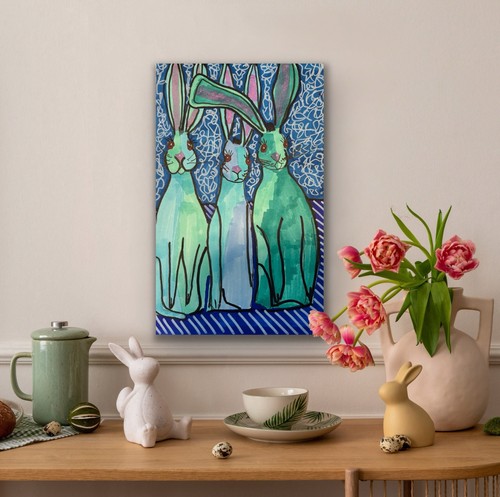 Rabbits Hares Animal Bunny Blue Original Art Painting - photo 5