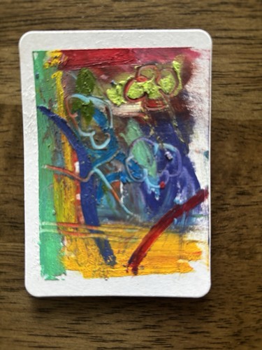 ACEO Abstract Green Orange Red Blue Oil Pastels Original Art - photo 2