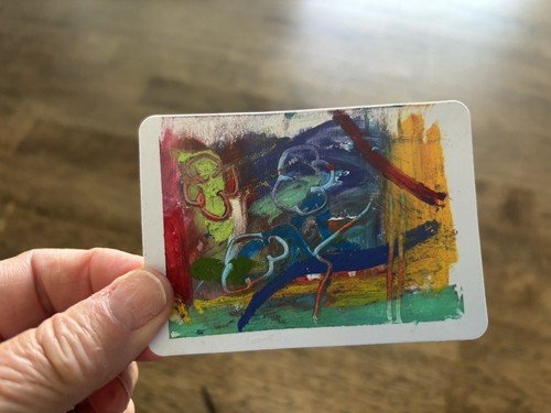 ACEO Abstract Green Orange Red Blue Oil Pastels Original Art - photo 3