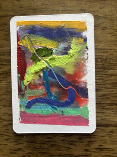 ACEO Abstract Green Orange Red Blue Oil Pastels Original Art - photo 2
