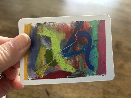 ACEO Abstract Green Orange Red Blue Oil Pastels Original Art - photo 3