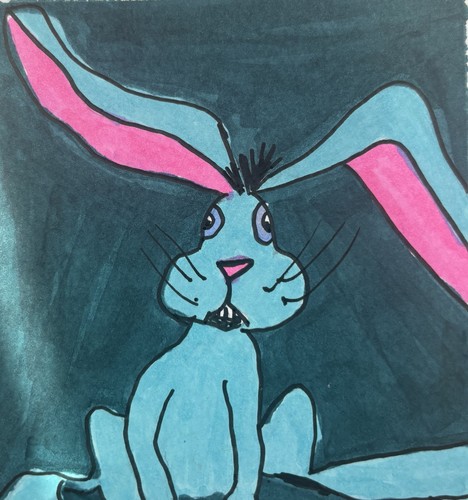 Original Small Art Rabbit Hare Pink Purple Green