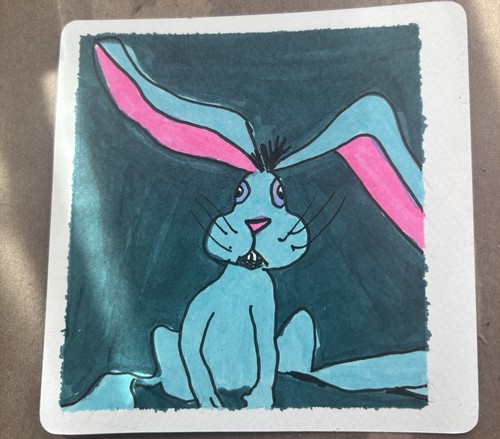 Original Small Art Rabbit Hare Pink Purple Green - photo 2
