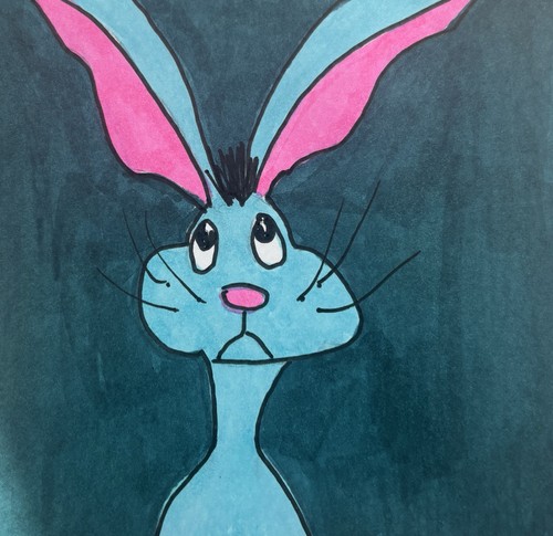 Original Small Art Rabbit Hare Pink Purple Green