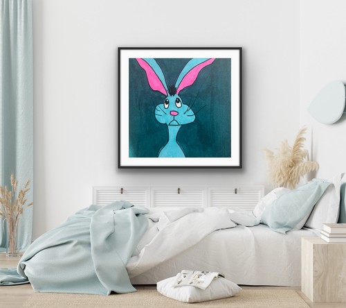 Original Small Art Rabbit Hare Pink Purple Green - photo 4
