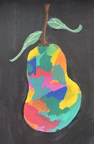 Orange Pear Fruit, Green Blue Original Art Painting