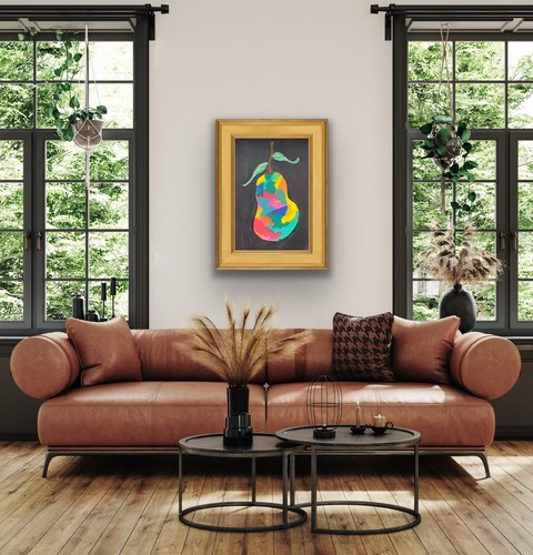 Orange Pear Fruit, Green Blue Original Art Painting - photo 2
