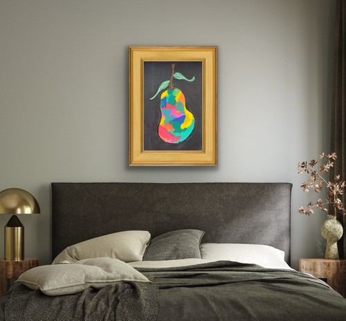 Orange Pear Fruit, Green Blue Original Art Painting - photo 5