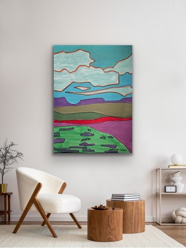Original Abstract Landscape Painting Blue Sky Colourful Modern A - photo 3