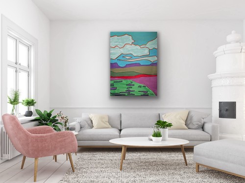 Original Abstract Landscape Painting Blue Sky Colourful Modern A - photo 4