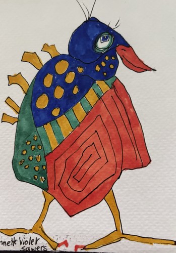 Original Bird Painting Watercolor Folk Art Funky Blue Red Green