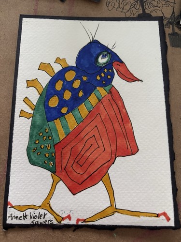 Original Bird Painting Watercolor Folk Art Funky Blue Red Green - photo 2