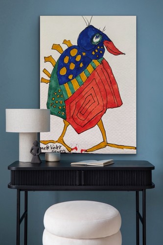 Original Bird Painting Watercolor Folk Art Funky Blue Red Green - photo 3