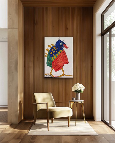 Original Bird Painting Watercolor Folk Art Funky Blue Red Green - photo 4