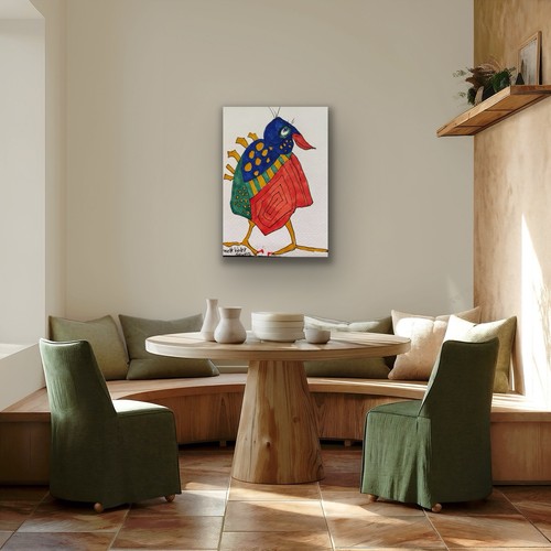 Original Bird Painting Watercolor Folk Art Funky Blue Red Green - photo 5