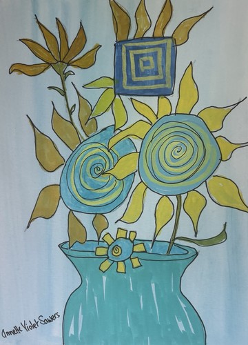 Blue Yellow Still Life Flowers Abstract OOAK Vase Artwork