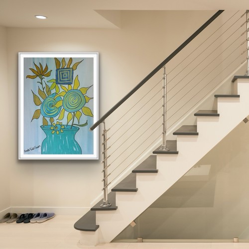 Blue Yellow Still Life Flowers Abstract OOAK Vase Artwork - photo 3