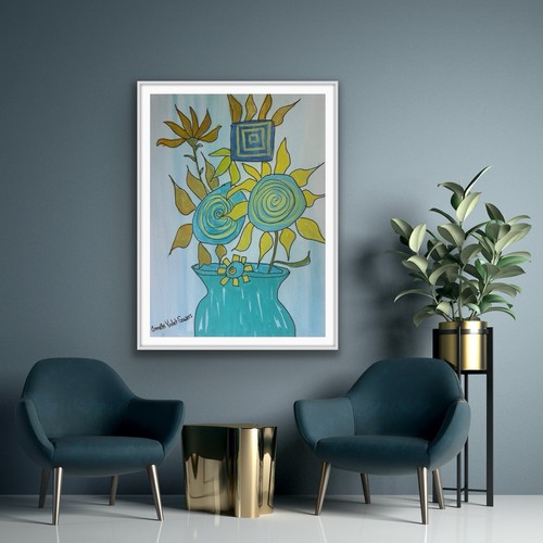 Blue Yellow Still Life Flowers Abstract OOAK Vase Artwork - photo 4