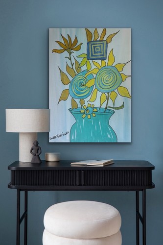 Blue Yellow Still Life Flowers Abstract OOAK Vase Artwork - photo 5