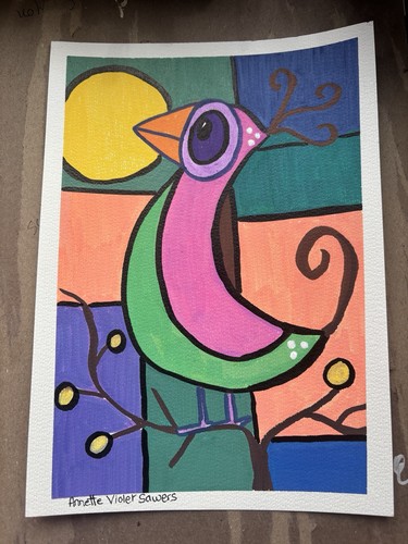 Orange Bird Green Original Art Painting By Artist - photo 2