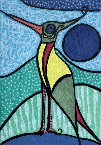 Orange Bird Green Blue Original Art Painting By Artist