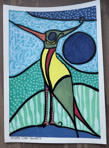 Orange Bird Green Blue Original Art Painting By Artist - photo 2