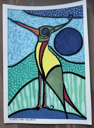 Orange Bird Green Blue Original Art Painting By Artist - photo 2