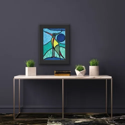 Orange Bird Green Blue Original Art Painting By Artist - photo 3
