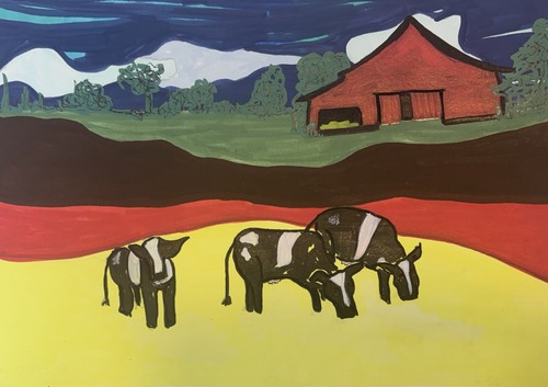Cow Barn Green Yellow Black Orange Red original artwork