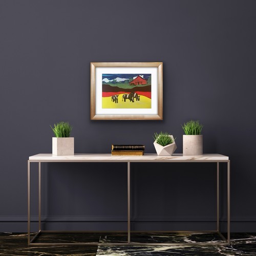 Cow Barn Green Yellow Black Orange Red original artwork - photo 2