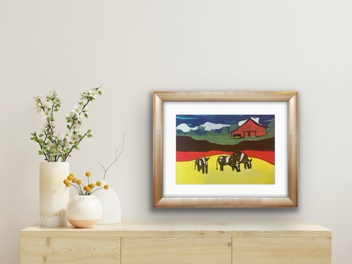 Cow Barn Green Yellow Black Orange Red original artwork - photo 4