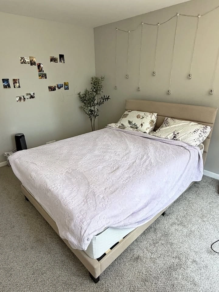 Queen bed set with frame, mattress, and box spring