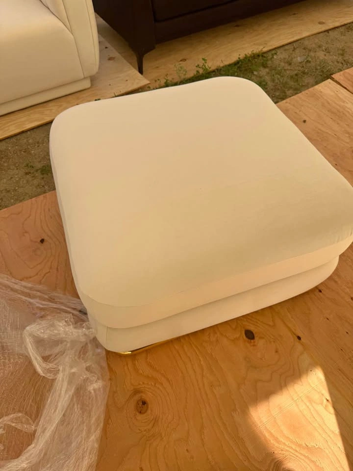 Cream Velvet Square Ottoman with Gold Base