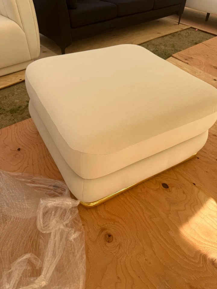 Cream Velvet Square Ottoman with Gold Base - photo 2