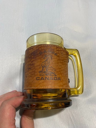 Vintage Banff Canada Amber Glass Beer Mug Leather Sleeve