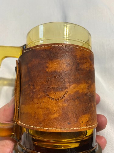 Vintage Banff Canada Amber Glass Beer Mug Leather Sleeve - photo 2