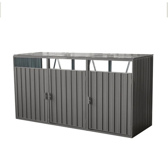 Garbage Bin Shed Stores 3 Trash Cans Metal Outdoor Bin Shed